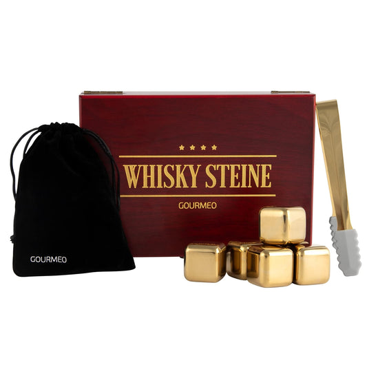 GOURMEO 6 Whiskey Stones Stainless Steel in Gold incl. Wooden Gift Box - Reusable Whisky Stones in the set as an alternative to traditional ice cubes.
