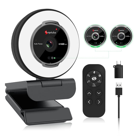Angetube 60FPS 1080P webcam with ring light - PC camera with 5X digital zoom and remote control, built-in dual noise-canceling microphones and privacy cover, for PC, computer, laptop, Mac, desktop.