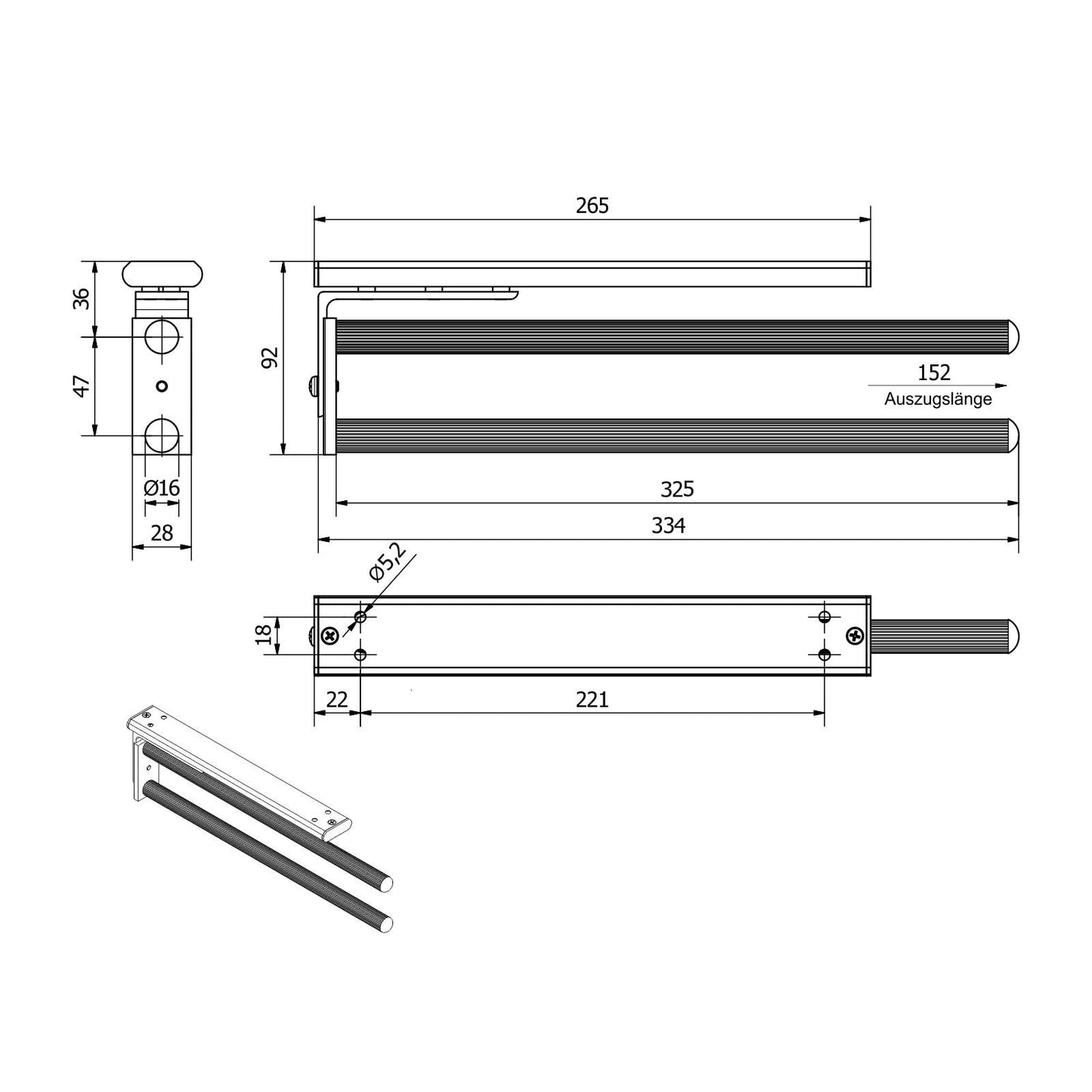 SOTECH 2 Piece Rotating Towel Holder TED 2-Arm Polished Chrome (Aluminum, 325-487mm, extendable) Telescopic Wall Towel Rack for Bathroom or Kitchen