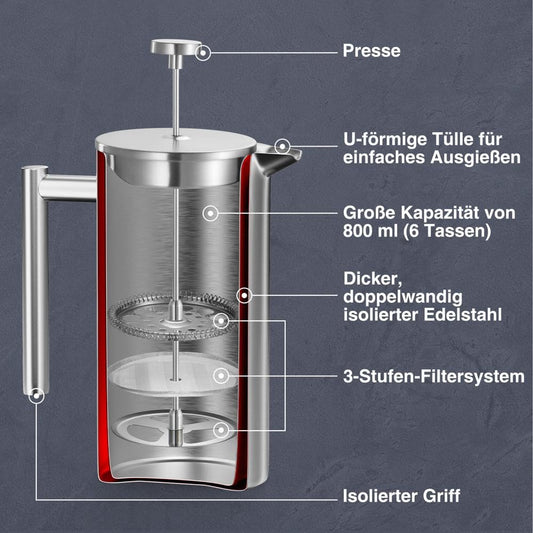 From the VonShef Stainless Steel French Press for 6 cups, 800ml - Double-walled coffee maker with measuring spoon/bag sealer, dishwasher-safe French Press thermos with plunger.