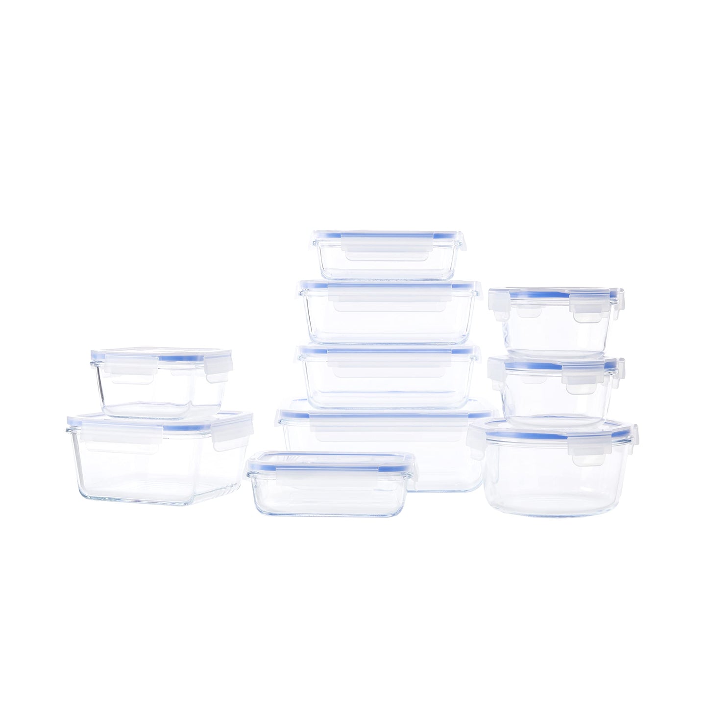 Amazon Basics leak-proof glass containers with locking lids, 20-piece set including 10 containers and 10 plastic lids, transparent, blue, BPA-free.