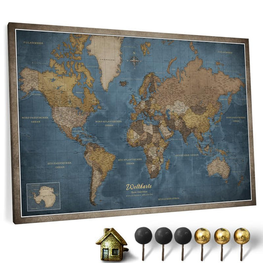 High-quality canvas world map with cork pinboard - German labeling - Decorative wall decoration for all rooms - Canvas prints with world map motif (90x60 cm, pattern 13)