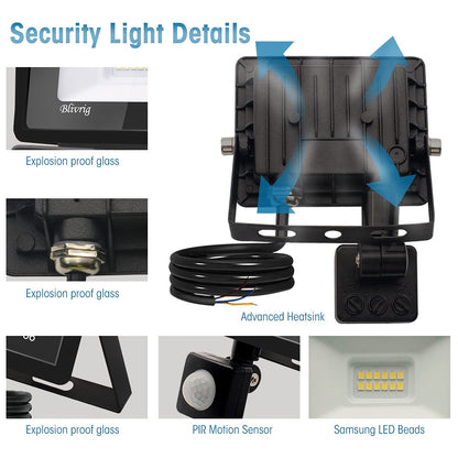 LED floodlights with motion detector 30W 2 pieces, 3000 lumens outdoor light, 6000K cool white LED floodlight with motion detector, outdoor floodlight IP66 waterproof, outdoor lamp for garden, yards, garage, driveway