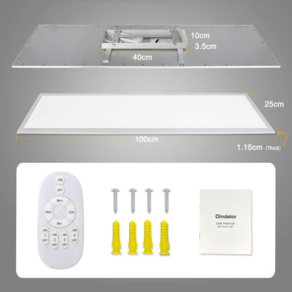 Dimmable LED ceiling light 100x25 cm, 28W ceiling light panel with remote control and memory function, Indirect strong luminous intensity light 2700K-6500K, Ultra thin daylight lamp for office living room kitchen