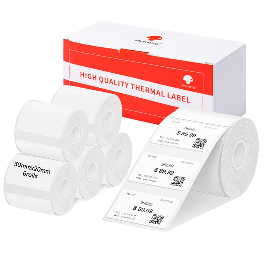 6 rolls of Phomemo M120/M110 labels, 1.18"x 0.78" (30 x 20 mm) thermal label paper for Phomemo M120/M110/M200/M220 label printers, White thermal label paper for barcode, address, price.