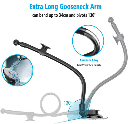Oilcan swan neck tablet car holder, dashboard windshield truck iPad mount. Flexible long arm (34cm) suction cup car holder for iPad Pro Air Mini, Galaxy, phones (4-12.9").