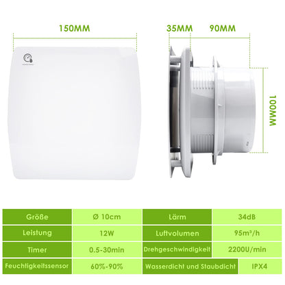 Jopassy bathroom vent fan 100mm with backdraft damper, moisture sensor, wall fan for kitchen, bathroom, attic, and basement, quiet operation, white.