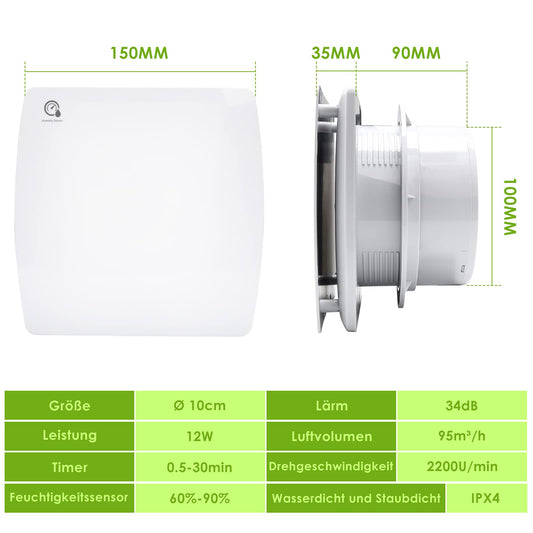 Jopassy bathroom vent fan 100mm with backdraft damper, moisture sensor, wall fan for kitchen, bathroom, attic, and basement, quiet operation, white.