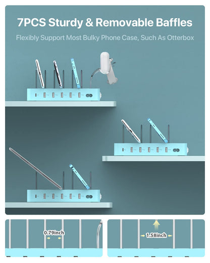 SooPii USB Charging Station 60W/12A, 6-Port Docking Station, Organizer for multiple devices with i Watch Holder, 6 cables included for phones, tablets, and other electronic devices.