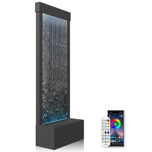 LONGRUN Garden Fountain Large, Indoor Waterfall Fountain with APP Control LED Lighting, 45.5x20x123cm Stainless Steel Garden Water Wall with Pump, Modern Decorative Fountain Waterfall - Black