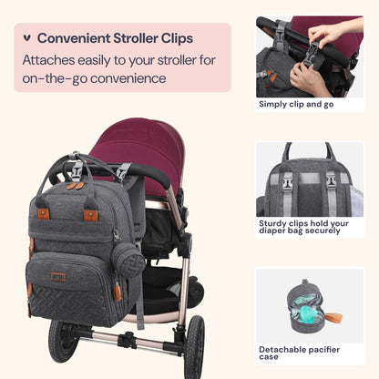 BabbleRoo Diaper Bag Backpack - Large capacity, 17 pockets, water resistant - with changing pad, detachable pacifier holder, stroller straps - Travel backpack for Mom & Dad