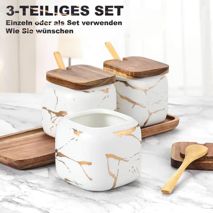 TELANKS 3-piece set includes ceramic sugar bowl with lid and spoon, spice jars with spoon, and salt cellar with lid. Perfect for home and kitchen.