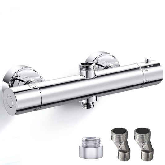 AIMOYO thermostatic shower mixer, round shower faucet with 2 outlets, chrome-plated shower thermostat replacement parts, top 3/4" BSP + bottom 1/2" BSP, shower valve with 38 °C safety button.