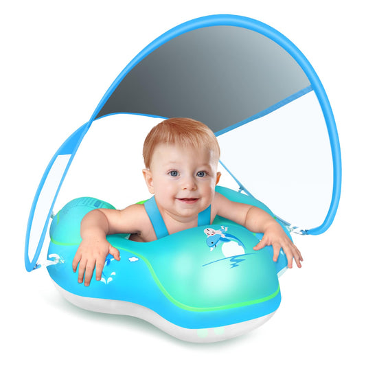 LAYCOL Joy Swim Ring Baby with UPF50+ Sun Protection Canopy & Toys, Adjustable Safety Seat, Toddler Pool Swim Ring for 3-36 Months (Blue Update, S)