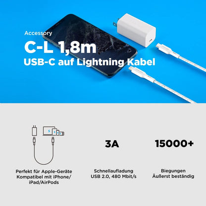 Innergie C-L 1.8m USB-C to Lightning Cable Apple Mfi certified 3A fast charging cable 480Mbps data transfer for iPhone, iPad, AirPods (Nylon braided White) Delta Electronics