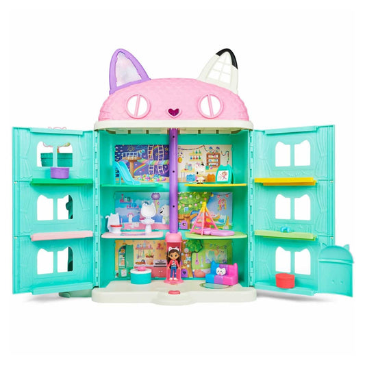 Gabby's Dollhouse, a Purrfect dollhouse over 60cm tall with Gabby and Panda Paws figures, 8 furniture pieces, 3 accessories, 2 surprise boxes, and sounds. A gift for children 3 years and older.