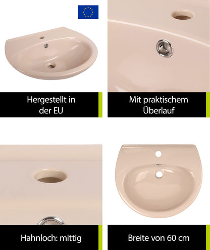 aquaSu® Washbasin 60 cm | Semi-circular ceramic sink | Bathroom color Bahmababeige | Width 60 cm | Depth 50 cm | Basin with overflow protection | Nostalgic bathroom | 56132 7