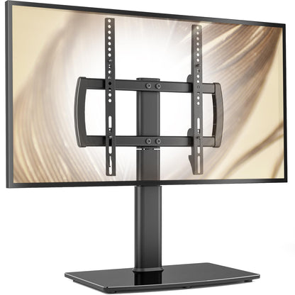 Universal swivel TV stand/tabletop TV stand for 27 to 60 inch TVs. It swivels 80 degrees, has 4 levels of height adjustment, a heavy-duty tempered glass base, and can hold up to 45kg screens. Model HT04B-001P.