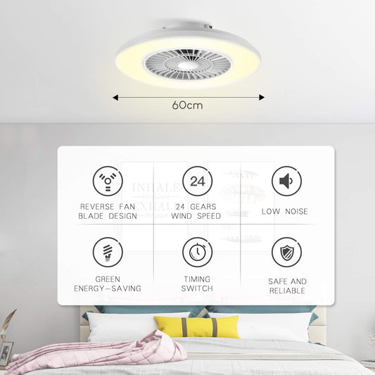 BKZO 60CM modern LED ceiling light with fan, ceiling fan with lamp, 24 fan speeds, effortless light dimming, for living room, dining room, bedroom, office, 3000-5500 K, White