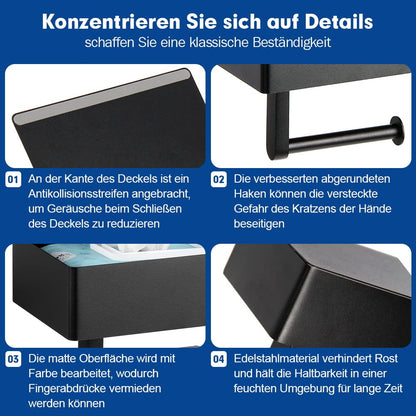 MVKV toilet paper holder with wet wipes box, matte black toilet paper holder with shelf, no drilling required, wall-mounted 304 stainless steel toilet roll holder with storage for bathroom.