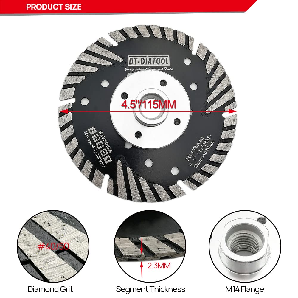 DT-DIATOOL Diamond Cutting Disc 2 pieces 115mm x M14 Turbo Blade with Protective Teeth for Cutting Grinding Granite Marble Concrete Tiles
