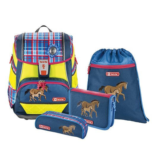 Step by Step School Backpack Set 2IN1 DIN "Horse Family" 4 pieces, blue-red, horses, ergonomic backpack with reflectors, adjustable height with hip belt for girls from 1st grade, 19L
