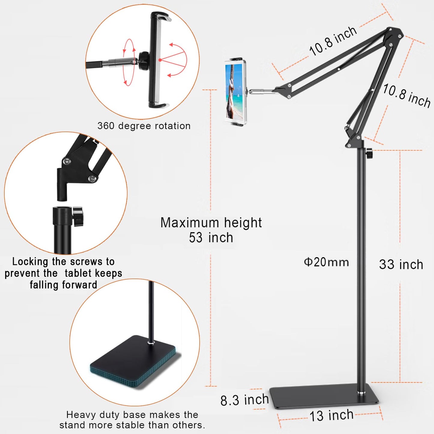 Tablet floor stand, tablet holder with heavy-duty base 【3rd Upgrade】, 360-degree rotatable with stable metal arm for iPads, tablets, phones, or other devices with 4.7 to 13-inch screens.