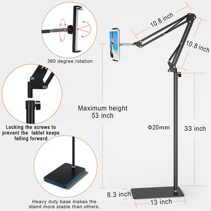 Tablet floor stand, tablet holder with heavy-duty base 【3rd Upgrade】, 360-degree rotatable with stable metal arm for iPads, tablets, phones, or other devices with 4.7 to 13-inch screens.