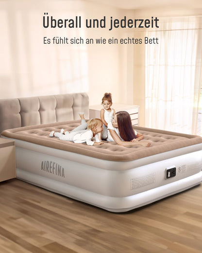 Airefina self-inflating air mattress with integrated pump, premium guest bed, fast inflation in 3 minutes, inflatable mattress for camping home use - 203 x 152 x 40 cm.