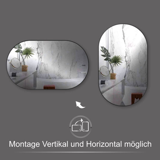 HOKO Design wall mirror oval 50 x 90 cm with metal frame matte black. Vertical and horizontal mounting possible. Oval mirror for bathroom, hallway, and bedroom. Mirror for living room, dining room.