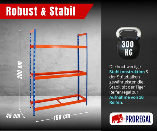PROREGAL Tire Rack Tiger XL | HxWxD 200x150x45 cm | 300kg shelf load | up to 18 tires (205/55 R16) | Blue/Orange | Workshop Shelf, Storage Shelf, Basement Shelf