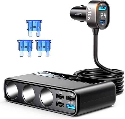 JOYROOM 210W cigarette lighter distributor, 【2025 Upgrade】car charger adapter, 3 way 12V/24V plug charging cable splitter with 36W PD & 5 USB ports for iPhone 17/iPad/Dashcam/GPS/seat heater.