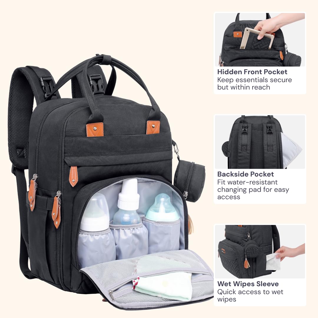 BabbleRoo Diaper Bag Backpack - Large Capacity, 17 Pockets, Water Resistant - with Changing Pad, Removable Pacifier Holder, Stroller Straps - Travel Backpack for Mom & Dad