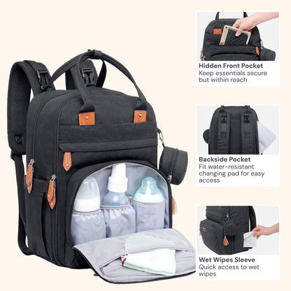 BabbleRoo Diaper Bag Backpack - Large Capacity, 17 Pockets, Water Resistant - with Changing Pad, Removable Pacifier Holder, Stroller Straps - Travel Backpack for Mom & Dad