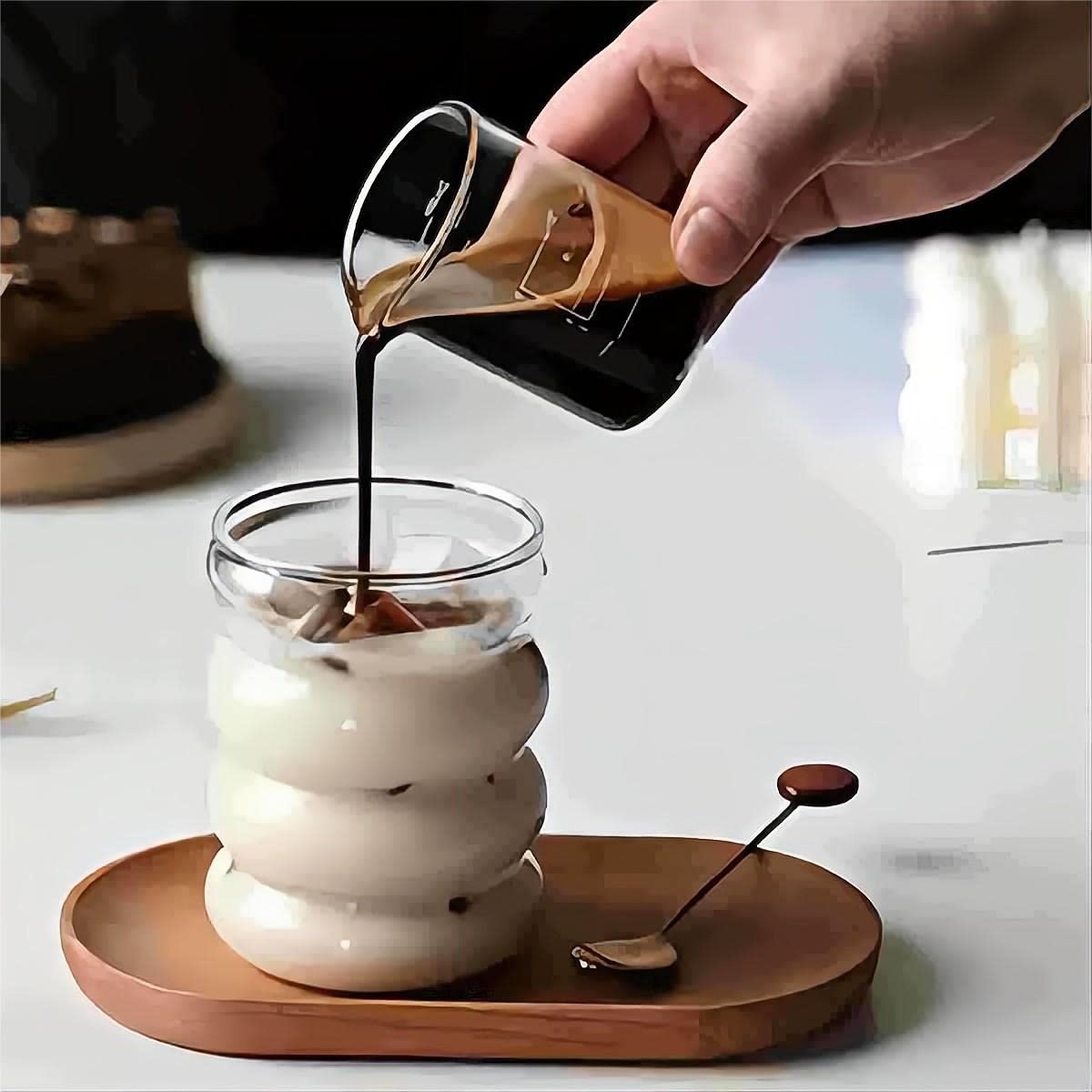 ALINK Ribbed Drinking Glasses with Glass Straws 4-Piece Set, 350ml Iced Coffee Glasses, Wave Glass Tumblers, Water Glasses, Long Drink Glasses, for Cocktails, Water, Soda, Gift with Brush.