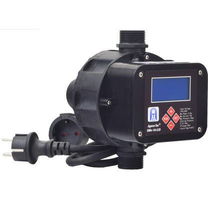 Agora-Tec® Pump control pressure switch flow monitor DWv-18-LCD wired (adjustable on/off pressure) with dry run protection, overpressure monitoring, leakage indication.