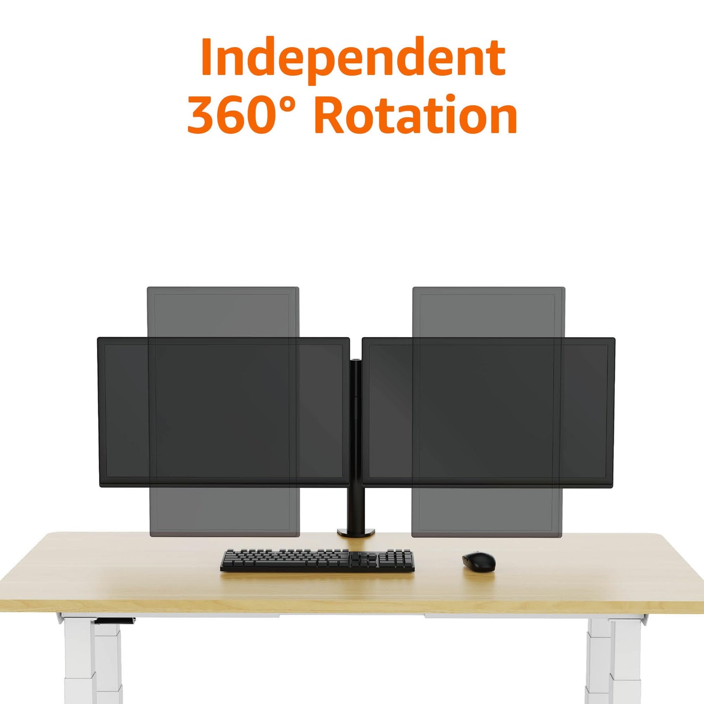 Amazon Basics dual monitor stand with adjustable height, screen tilt, and cable organizer. 360-degree rotation, steel construction, black, 33 to 76 cm.