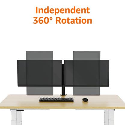 Amazon Basics dual monitor stand with adjustable height, screen tilt, and cable organizer. 360-degree rotation, steel construction, black, 33 to 76 cm.
