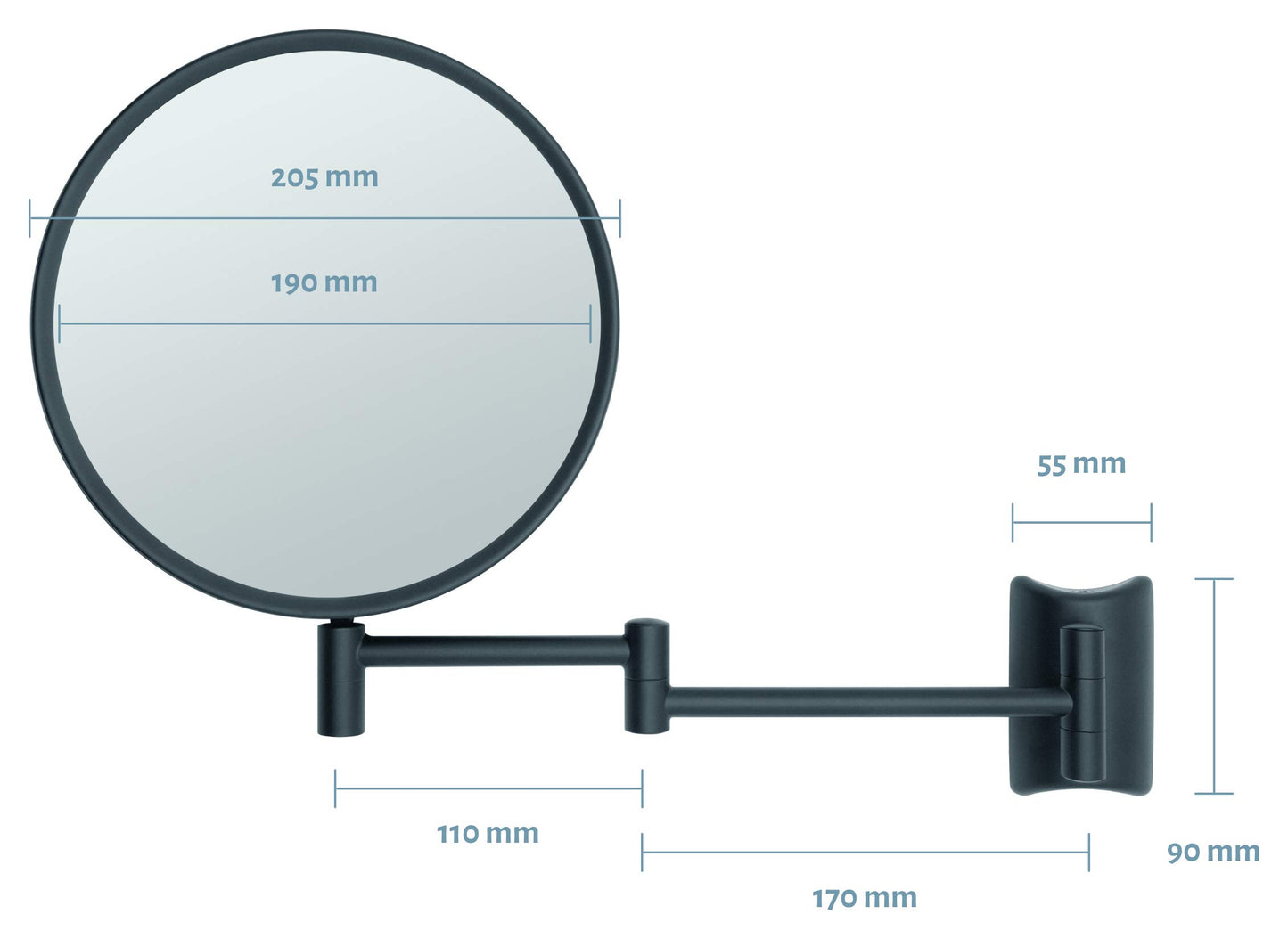 Libaro Makeup Mirror Imola - 360° rotatable vanity mirror with wall mount - double-sided shaving mirror with 3X & 7X magnification - extendable black metal bathroom mirror, Ø 19 cm