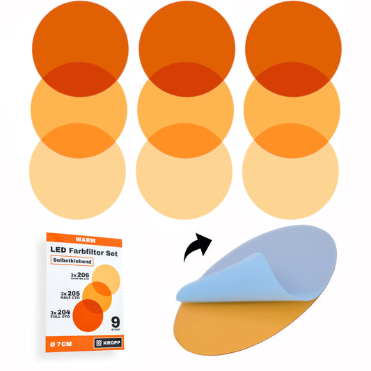 KROPP self-adhesive color filters for LED lamps, 7 cm circular cut, 3 tones Warm White color correction filters, Daylight to Incandescent, filter set with 9 pieces