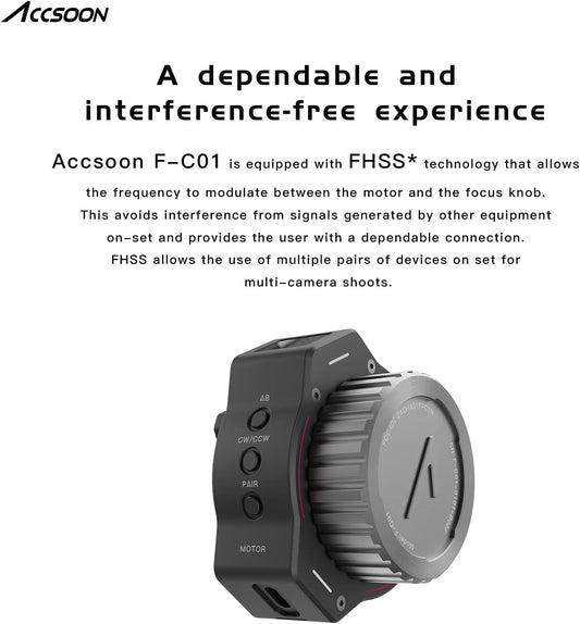 Accsoon F-C01 Wireless Follow Focus System with FHSS Technology, A/B Stops, 350ft/100m Range, Snap-on Gear Belt for DSLRs and Mirrorless Cameras, Compatible.