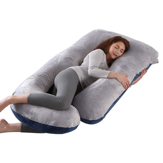 ShowyLive Pregnancy Pillow 145x70cm J-shaped Full Body Pillow Maternity Body Pillow for Sleeping with Removable and Washable Cover Sleep and Feed (gray+blue, Velvet)