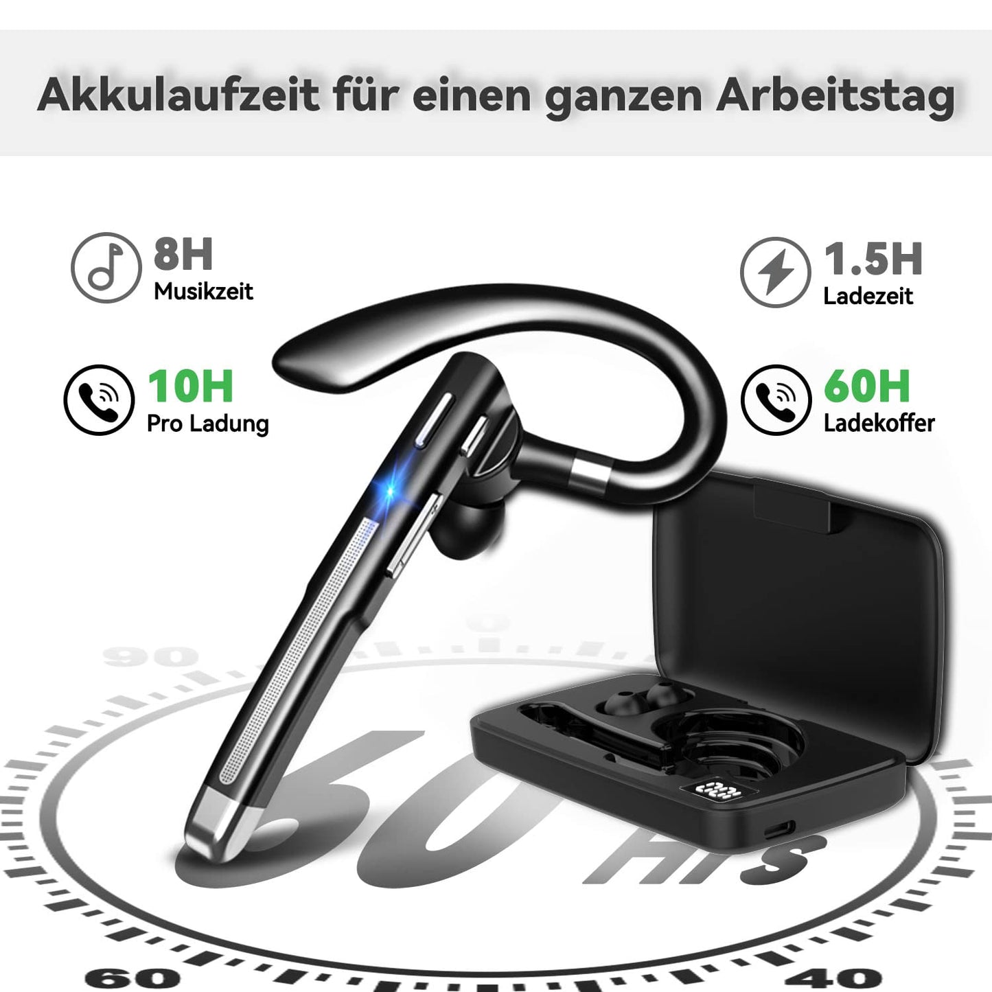 Bluetooth headset with microphone, V6.1 in-ear hands-free mobile wireless headphones with LED charging case for driving/business/office, IPX7 waterproof, compatible with iPhone Android smartphones and tablets.