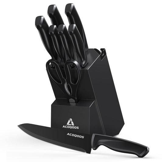 ACOQOOS Knife Block with 10 Pieces of Knives, Knife Set with Built-in Sharpener for Kitchen Use - Black kitchen knife Set