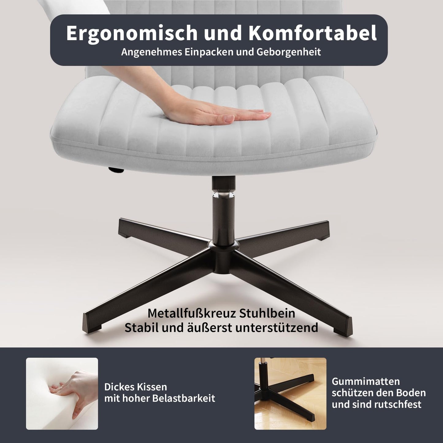 naspaluro office chair without armrests, desk chair with fabric cover, reading chair with wider cushion for sitting cross-legged, rocking function, height adjustable, 360° swivel chair for home, gray