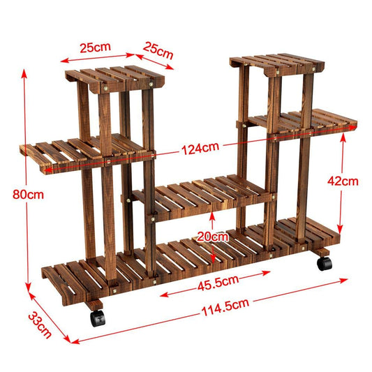 Yaheetech Plant Stand with Wheels, 4-Tier Plant Shelf for Balcony, Flower Stand, Flower Steps, Solid Wood, for Indoor & Outdoor, 124 x 33 x 80 cm.