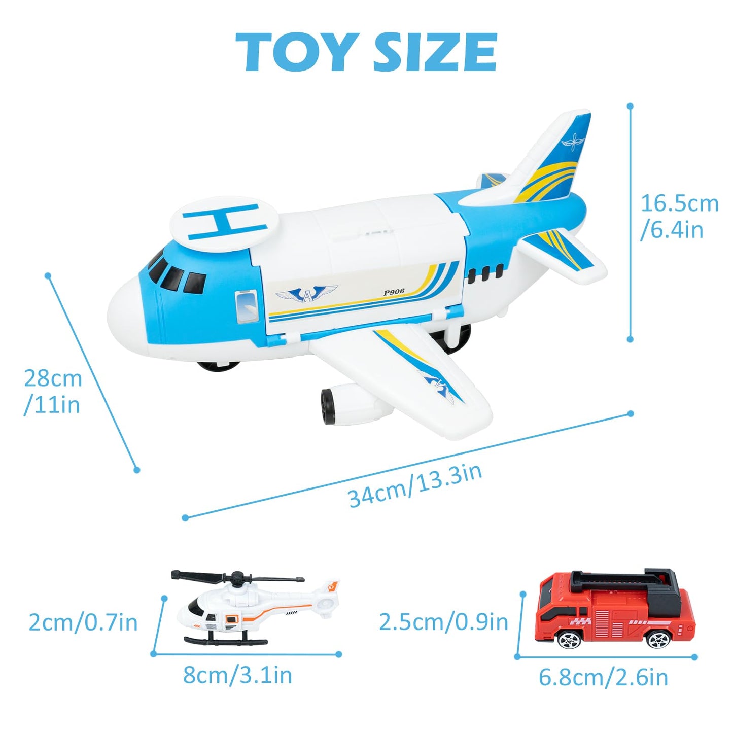 RedCrab airplane playset, transport airplane toy with car, helicopter, and ramp. Children's vehicle learning toy, toy car set, gift for kids ages 3 and up.