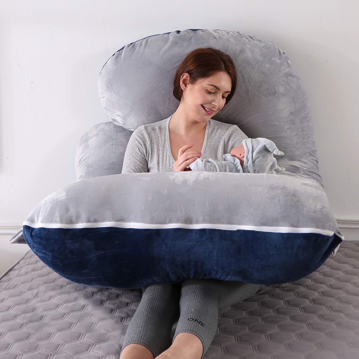ShowyLive Pregnancy Pillow 145x70cm J-shaped Full Body Pillow Maternity Body Pillow for Sleeping with Removable and Washable Cover Sleep and Feed (gray+blue, Velvet)
