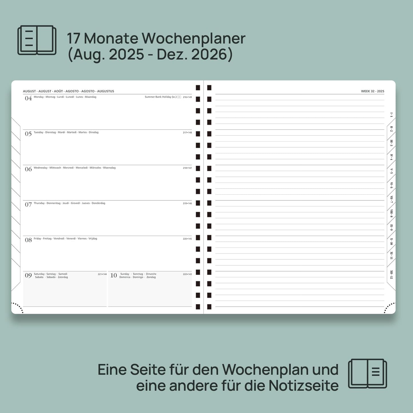 POPRUN Calendar 2025 2026 Book Calendar Notebook (Aug. 2025-Dec. 2026), approx. A4 (26.5 x 21.5 cm), planner, weekly planner ring binder with softcover, certified paper - soft pink.