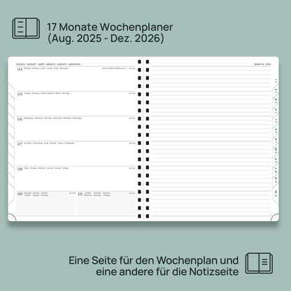 POPRUN Calendar 2025 2026 Book Calendar Notebook (Aug. 2025-Dec. 2026), approx. A4 (26.5 x 21.5 cm), planner, weekly planner ring binder with softcover, certified paper - soft pink.